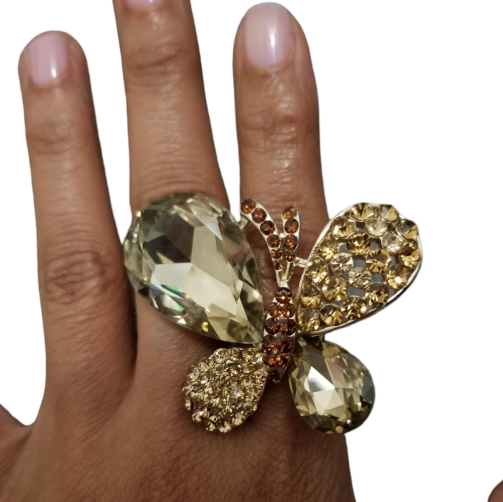 Oversized Gold Crystal Butterfly Statement Ring Champagne Rhinestone Cocktail